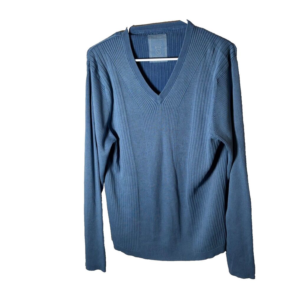 Calvin Klein Sweater Garment Dye Large Blue 100% Cotton Ribbed Pullover V-Neck